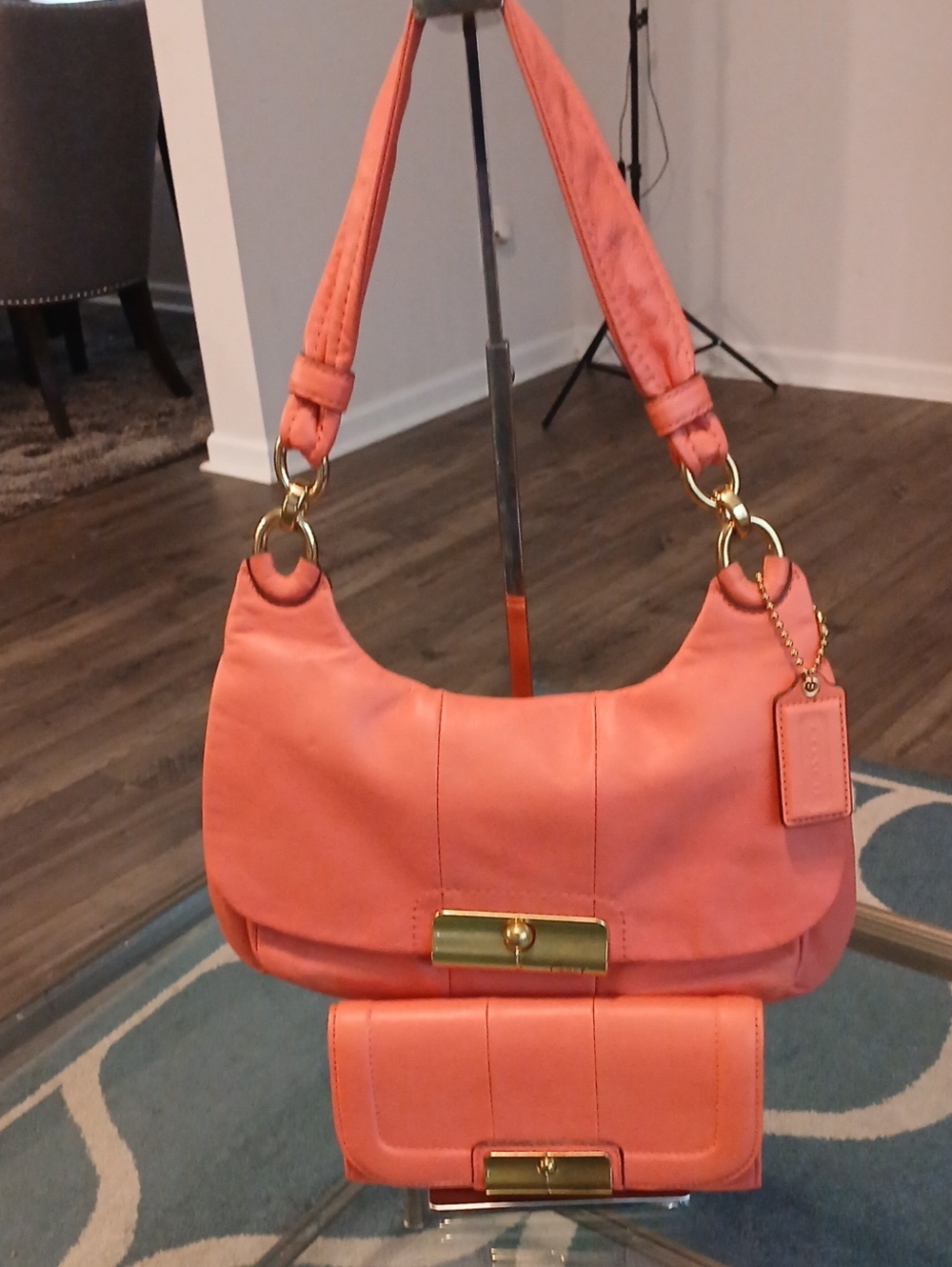 Coach Kristen Coral Leather Shoulder Bag and Wallet Set
